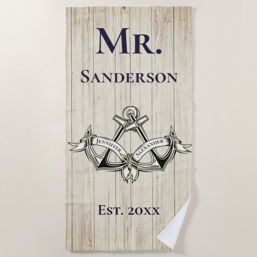 Hochzeit Anchor Herr Navy Blue Nautical Monogram Strandtuch (Vorderseite)