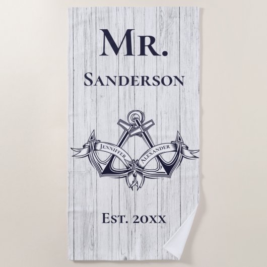 Hochzeit Anchor Herr Navy Blue Nautical Monogram Strandtuch (Vorderseite)