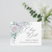 Hochzeit ändert das Datum Blue Blush-Rose Postkarte (Stehend Vorderseite)