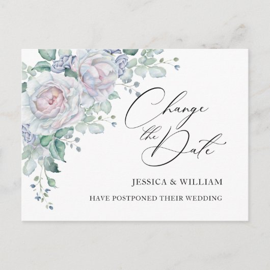 Hochzeit ändert das Datum Blue Blush-Rose Postkarte (Vorderseite)