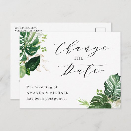 Hochzeit ändert das Datum tropischer Palmen Blätte Postkarte (Vorne/Hinten)