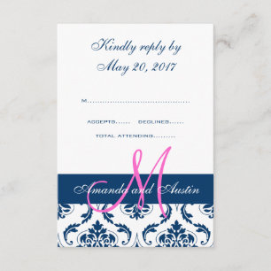 Hochzeit-Antwortkarte mit Navy-Damask-Monogramm RSVP Karte