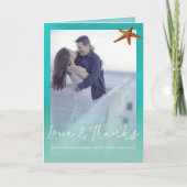 Hochzeit Aqua Blue Seesterne Foto Dankeskarte (Vorderseite)