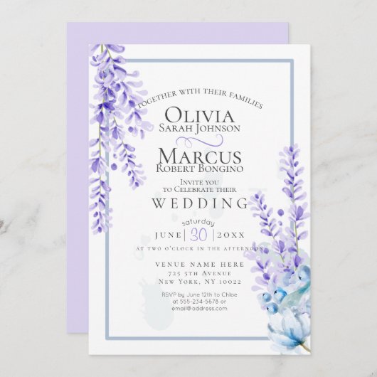 Hochzeit | Aquarelllavender - Dusty Blue Florals Einladung (Vorne/Hinten)