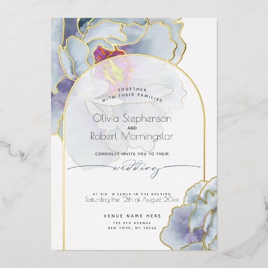 Hochzeit | Atemberaubend Dusty Blue Peony Folieneinladung (Vorderseite)