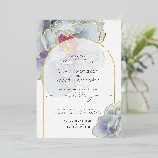 Hochzeit | Atemberaubend Dusty Blue Peony Folieneinladung (Stehend vorne)