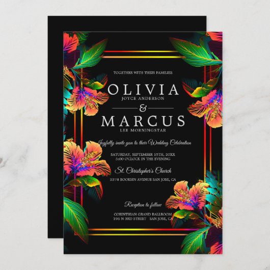 Hochzeit | Atemberaubender tropischer Hibiskus Neo Einladung (Vorne/Hinten)