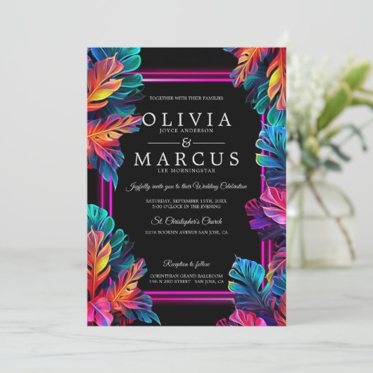 Hochzeit | Atemberaubendes tropisches Neon-Foliage Einladung (Stehend Vorderseite)