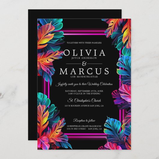Hochzeit | Atemberaubendes tropisches Neon-Foliage Einladung (Vorne/Hinten)
