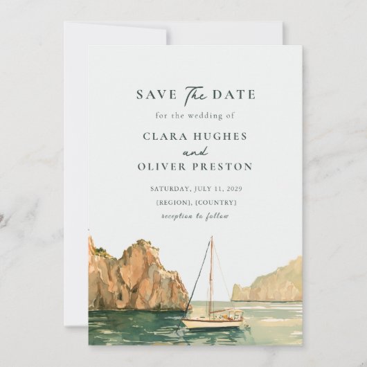 Hochzeit auf Capri mit Segelboot Wasserfarben Mitt Save The Date (Vorderseite)