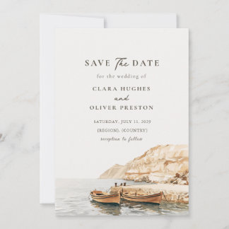 Hochzeit auf Santorin: Verankerte Boote in einer K Save The Date
