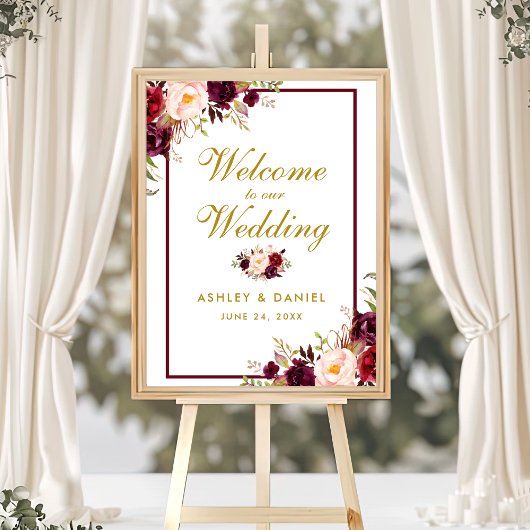 Hochzeit Begrüßung Burgundy Gold Aquarellblume Poster