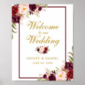 Hochzeit Begrüßung Burgundy Gold Aquarellblume Poster (Vorne)
