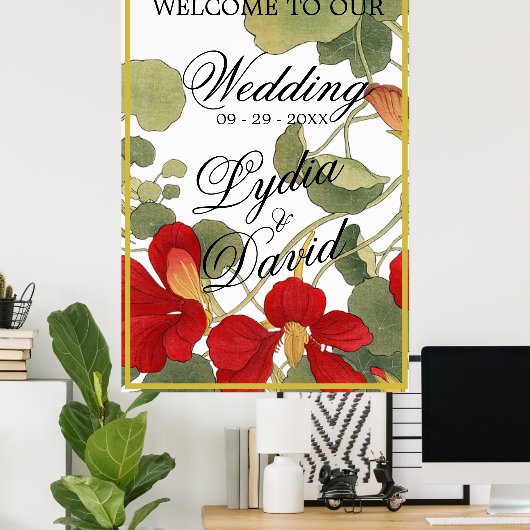 Hochzeit Begrüßung Elegante Blumenorange Poster (Heimbüro)