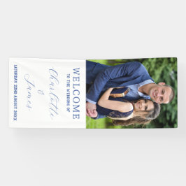Hochzeit Begrüßung glückliches Paar Foto Blau und Banner