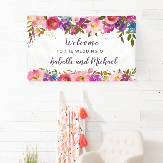 Hochzeit Begrüßung Lila und rosa Aquarellblume Banner (Insitu)