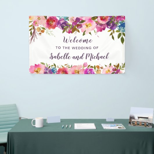 Hochzeit Begrüßung Lila und rosa Aquarellblume Banner (Messeveranstaltung)