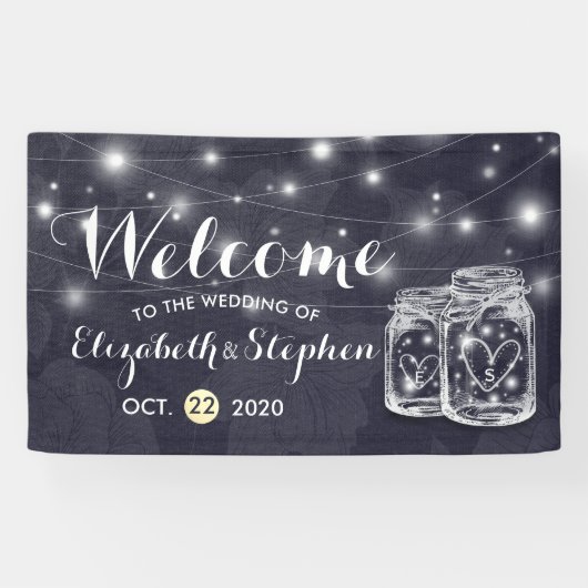 Hochzeit Begrüßung Mason Jars String Lights Navy B Banner (Horizontal)