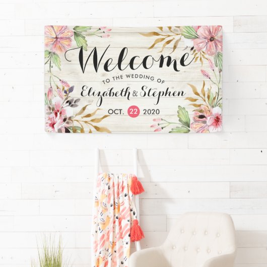 Hochzeit Begrüßung Wasserfarbe Rosa Blume Rustikal Banner (Insitu)
