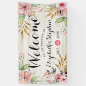 Hochzeit Begrüßung Wasserfarbe Rosa Blume Rustikal Banner (Vertikal)