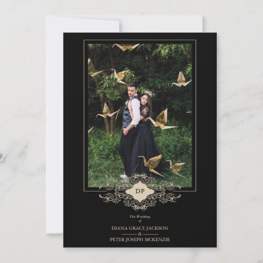 Hochzeit-Black-Blüh-Gold-Spitzen-Initialen Einladung (Vorderseite)