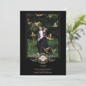 Hochzeit-Black-Blüh-Gold-Spitzen-Initialen Einladung (Stehend Vorderseite)