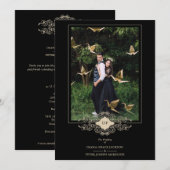 Hochzeit-Black-Blüh-Gold-Spitzen-Initialen Einladung (Vorne/Hinten)
