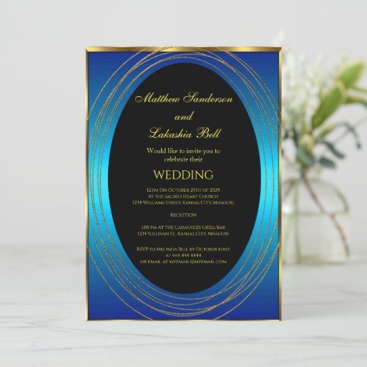 Hochzeit Blau Gold Schwarz Elegant Moderne Einladung (Stehend Vorderseite)
