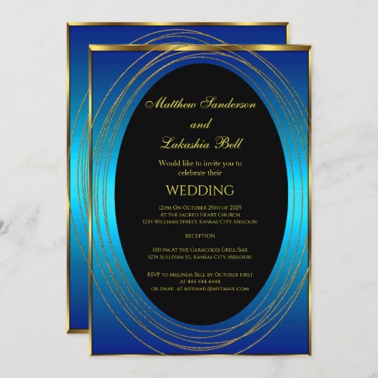 Hochzeit Blau Gold Schwarz Elegant Moderne Einladung (Vorne/Hinten)