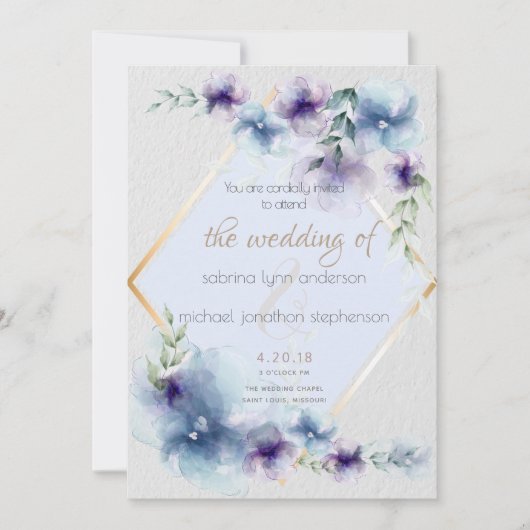 Hochzeit | Blau und violett Wasserfarben Einladung (Vorderseite)