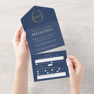 Hochzeit blau weiß gold oval Blätter Monogramm all In One Einladung