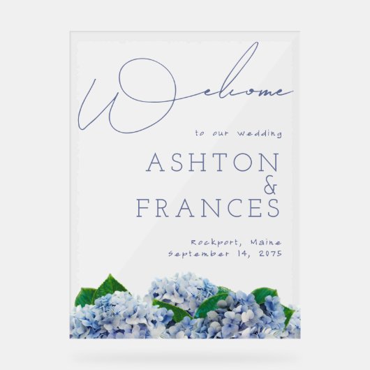Hochzeit Bliss Blue Hydrangea Border Willkommen Acrylschild (Vorderseite)