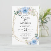 Hochzeit | Blue Peony Watercolor-Blume Einladung (Stehend Vorderseite)