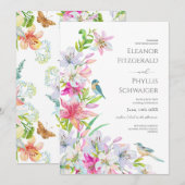 Hochzeit. Blume Lilien und Vögel Einladung (Vorne/Hinten)