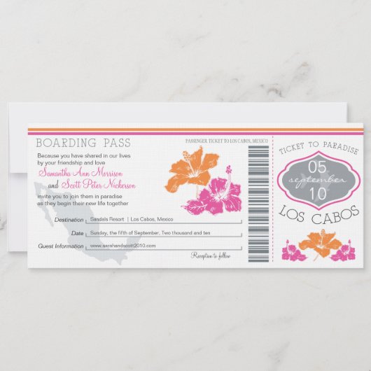 Hochzeit Boarding Pass nach Los Cabos Mexiko Einladung (Vorderseite)