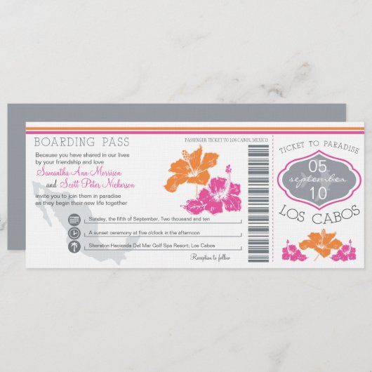 Hochzeit Boarding Pass nach Los Cabos Mexiko Einladung (Vorne/Hinten)