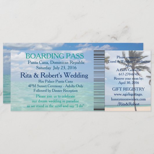 Hochzeit Boarding Pass Ticket Beach Zielort Einladung (Vorne/Hinten)