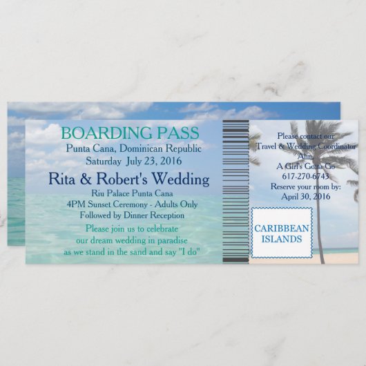 Hochzeit Boarding Pass Ticket Beach Zielort Einladung (Vorne/Hinten)