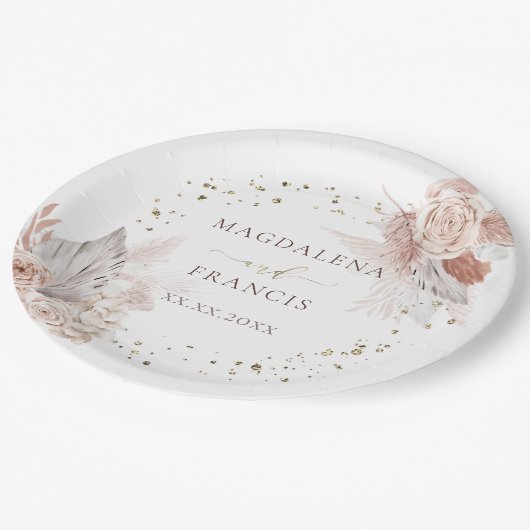 Hochzeit boho Blume Imitate Glitzer Pappteller (Schrägansicht)