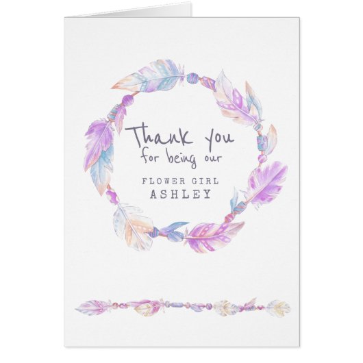 Hochzeit boho Blume Mädchen lila Federn Danke (Vorne)