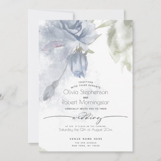 HOCHZEIT | Boho Watercolor Dusty Blue Rose Einladung (Vorderseite)
