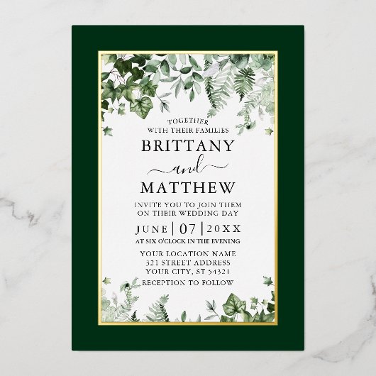 Hochzeit botanische Vegetation Ivy Sage Ferns Gold Folieneinladung (Vorderseite)