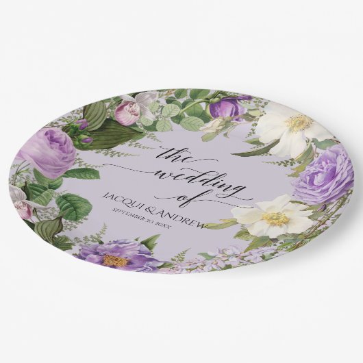 Hochzeit Brautparty Ivory Lavender Rose Kranz Pappteller (Schrägansicht)