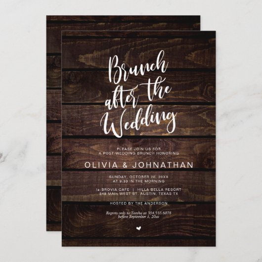 Hochzeit, Brunch nach Hochzeit, rustikales Holz Einladung (Vorne/Hinten)
