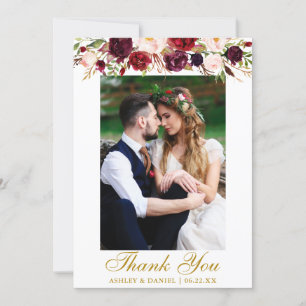 Hochzeit Burgund Blumenfoto Gold Dankeskarte