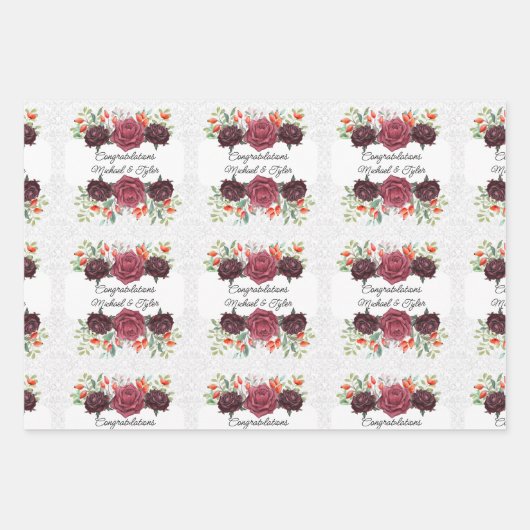 Hochzeit Burgund-Rose Personalisieren von Namen 3 Geschenkpapier Set (Vorderseite 2)