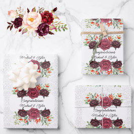 Hochzeit Burgund-Rose Personalisieren von Namen 3  Geschenkpapier Set