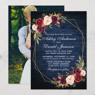 Hochzeit Burgundy Blau-Holz Geometrisches Foto Einladung