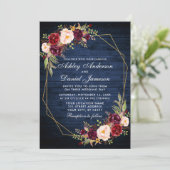 Hochzeit Burgundy Bloral Blue Wood Foto Geometric Einladung (Stehend Vorderseite)