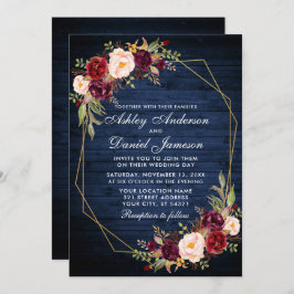Hochzeit Burgundy Bloral Blue Wood Foto Geometric Einladung